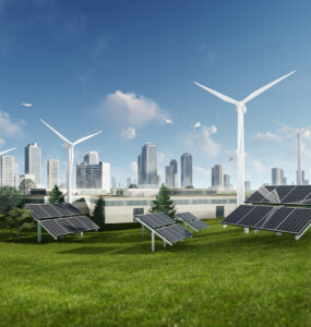 3d,Rendering,Illustration,Of,Solar,Cell,And,Wind,Turbine,Sustainable